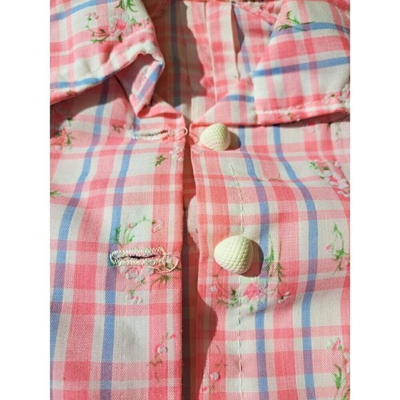 Vintage 70's Pink Plaid Button-Up Blouse Floral Print Puff Sleeves Handmade - Picture 6 of 11